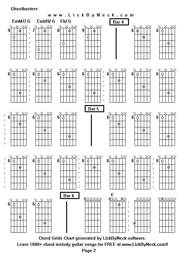 Chord Grids Chart of chord melody fingerstyle guitar song-Ghostbusters,generated by LickByNeck software.