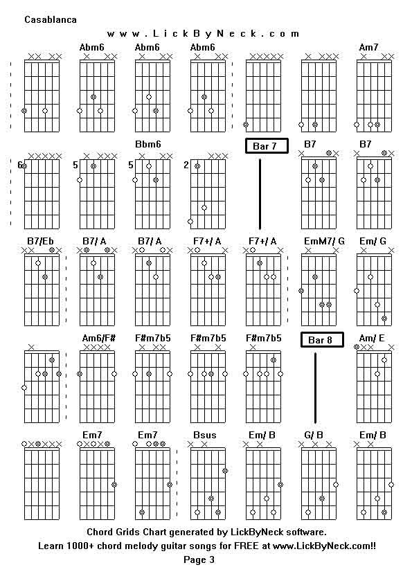 Chord Grids Chart of chord melody fingerstyle guitar song-Casablanca,generated by LickByNeck software.