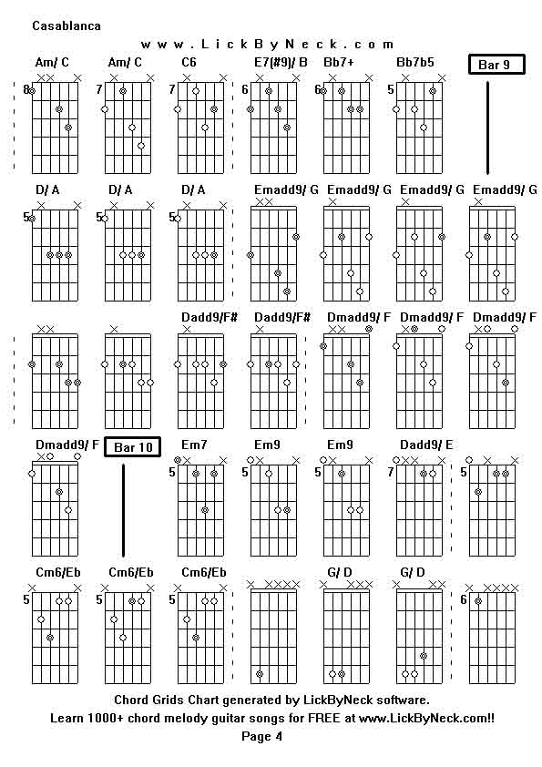 Chord Grids Chart of chord melody fingerstyle guitar song-Casablanca,generated by LickByNeck software.