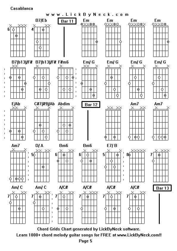 Chord Grids Chart of chord melody fingerstyle guitar song-Casablanca,generated by LickByNeck software.