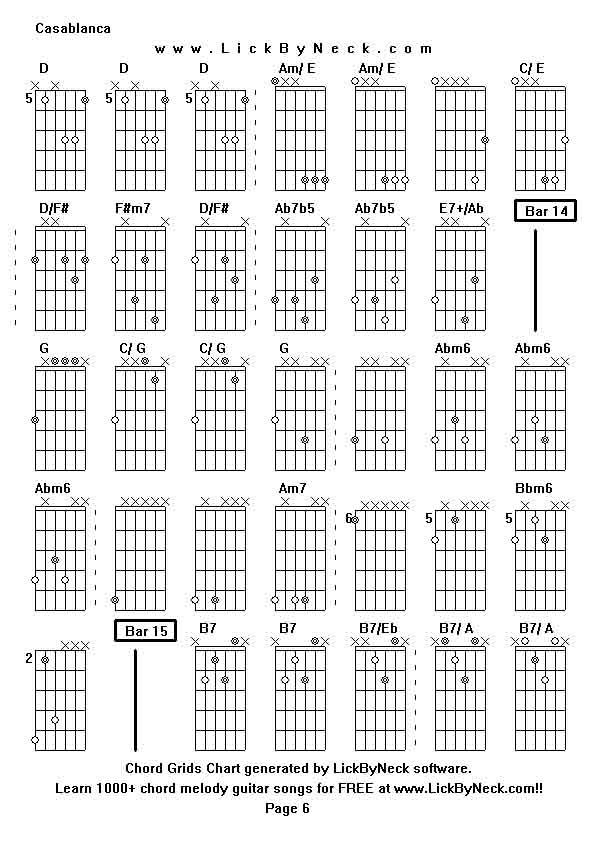 Chord Grids Chart of chord melody fingerstyle guitar song-Casablanca,generated by LickByNeck software.