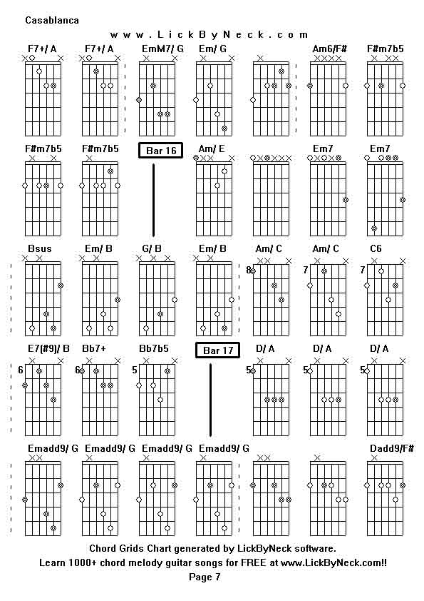 Chord Grids Chart of chord melody fingerstyle guitar song-Casablanca,generated by LickByNeck software.