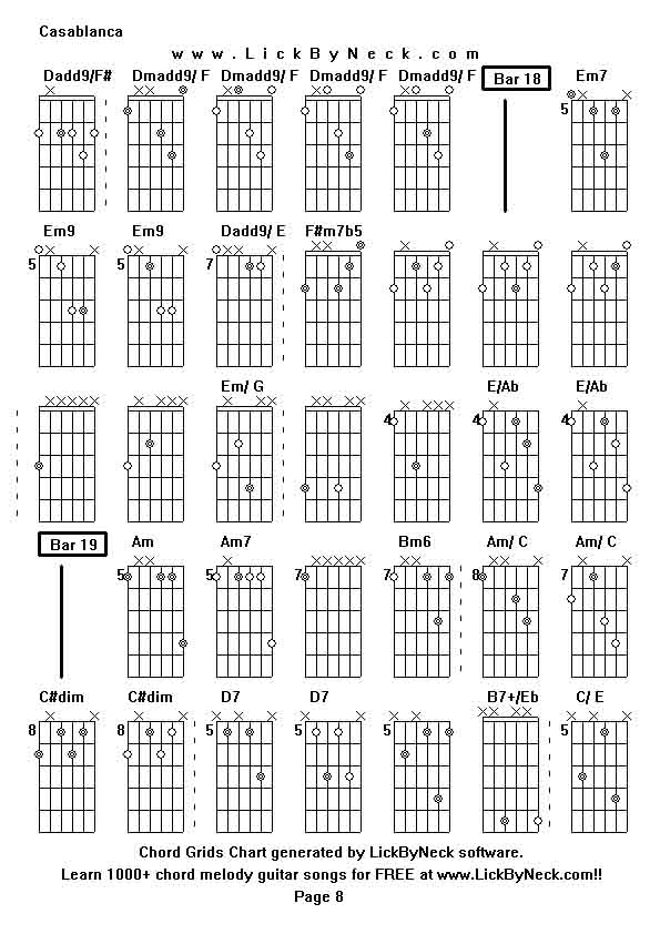 Chord Grids Chart of chord melody fingerstyle guitar song-Casablanca,generated by LickByNeck software.