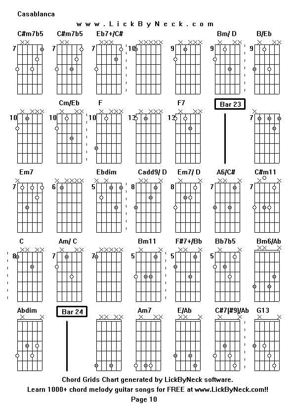 Chord Grids Chart of chord melody fingerstyle guitar song-Casablanca,generated by LickByNeck software.