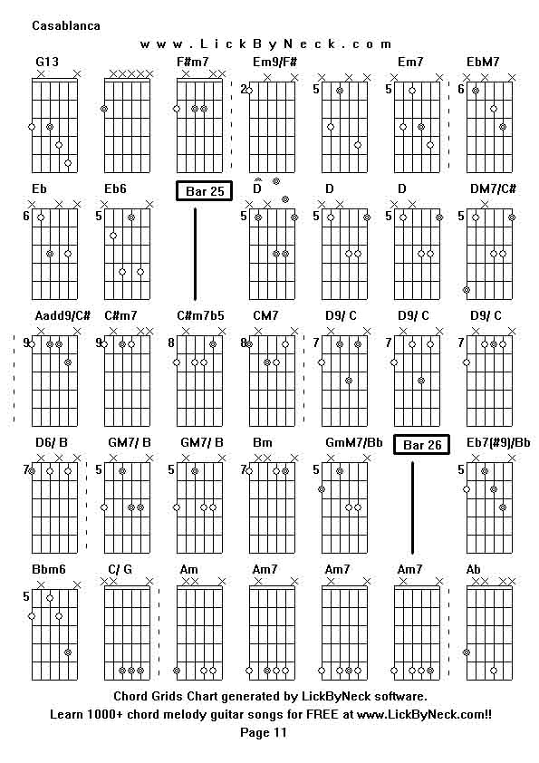 Chord Grids Chart of chord melody fingerstyle guitar song-Casablanca,generated by LickByNeck software.