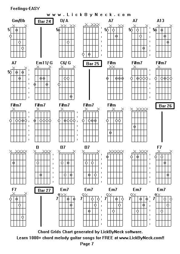 Chord Grids Chart of chord melody fingerstyle guitar song-Feelings-EASY,generated by LickByNeck software.