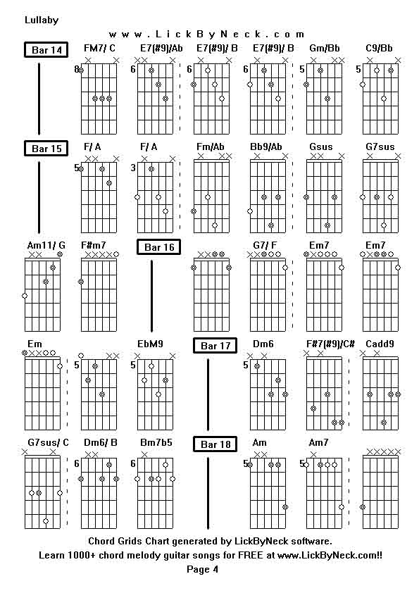 Chord Grids Chart of chord melody fingerstyle guitar song-Lullaby,generated by LickByNeck software.