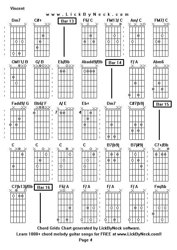 Chord Grids Chart of chord melody fingerstyle guitar song-Vincent,generated by LickByNeck software.