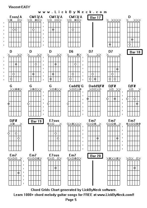 Chord Grids Chart of chord melody fingerstyle guitar song-Vincent-EASY,generated by LickByNeck software.