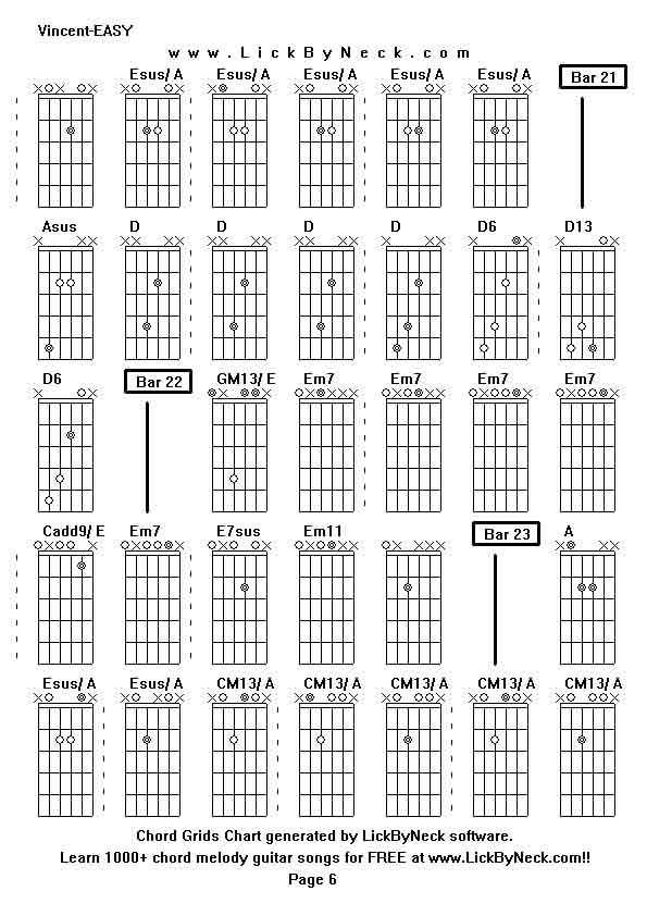 Chord Grids Chart of chord melody fingerstyle guitar song-Vincent-EASY,generated by LickByNeck software.